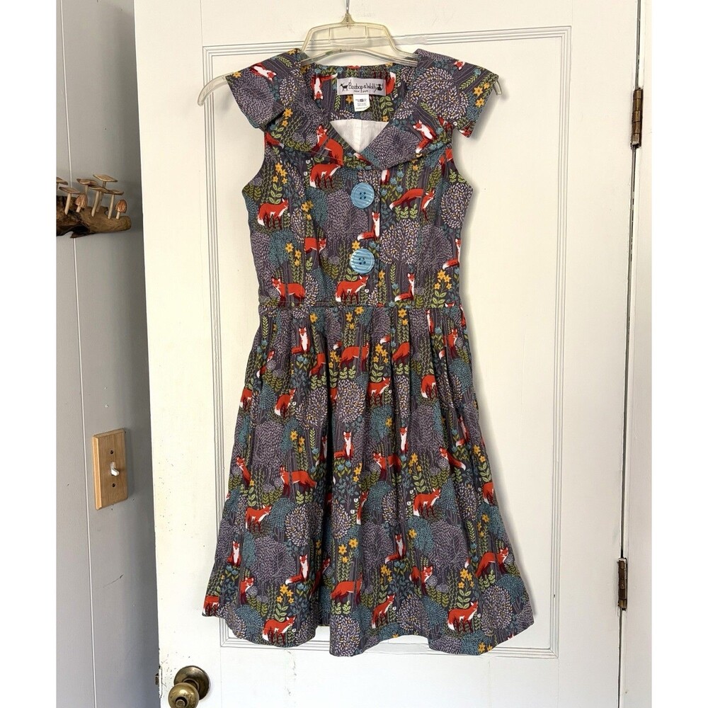 Beebop & Wally Cotton Gray Fox Woodland Rockabilly Pin Up Midi Fit Flare Dress S